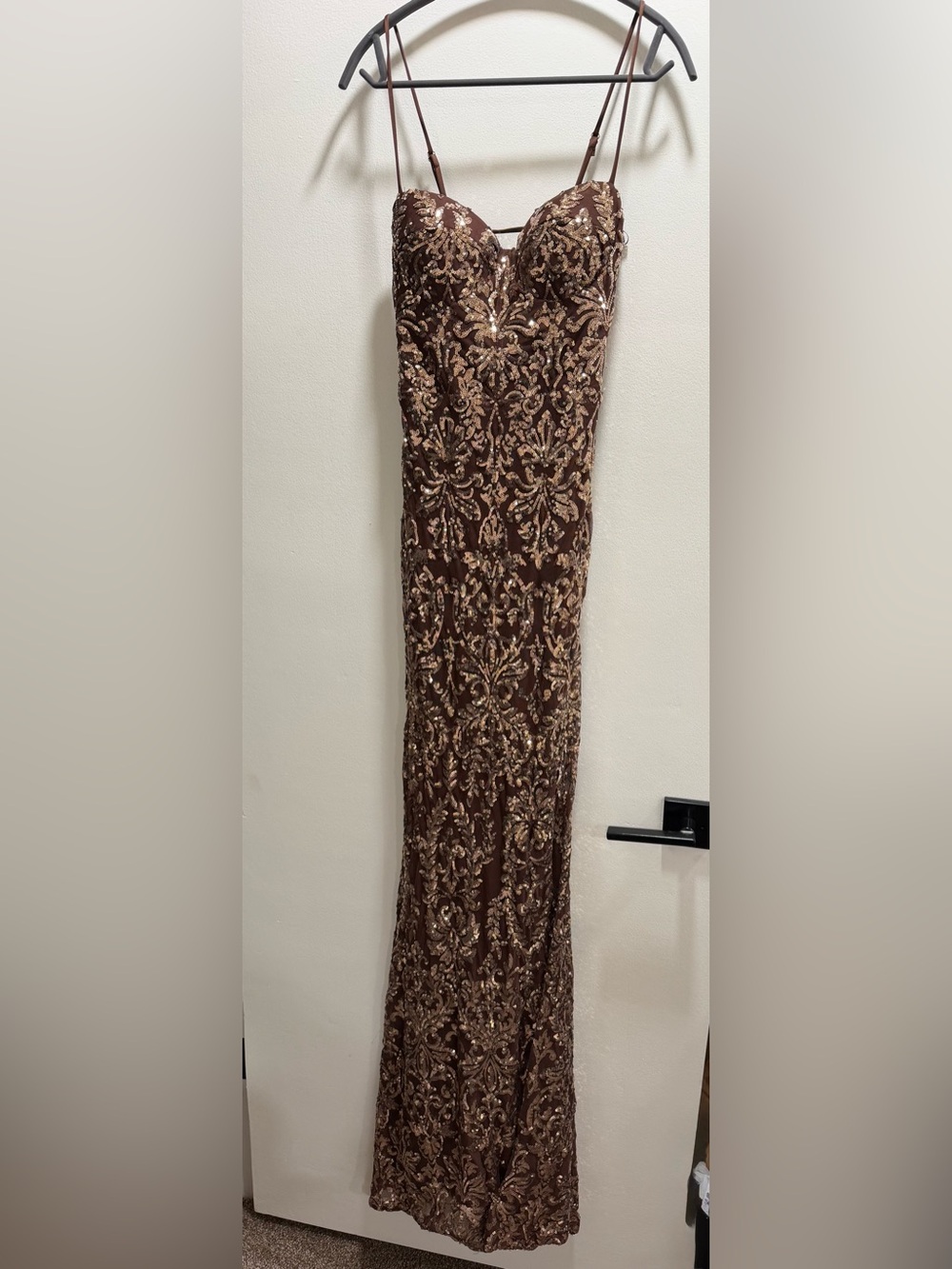 Lovesome Sequin Mermaid Maxi Dress Gown Brown Gold Size Small
